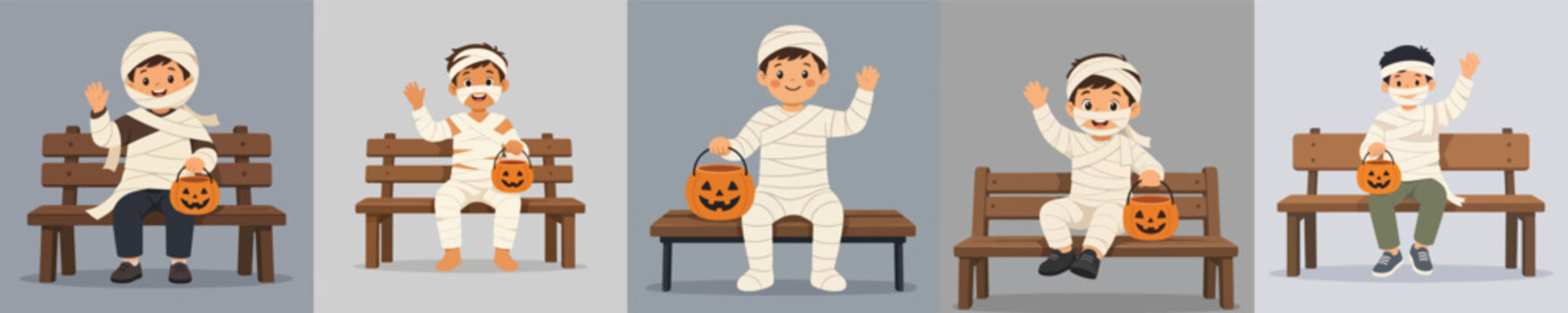Flat vector illustration of a little boy in a Halloween mummy costume sitting on park bench