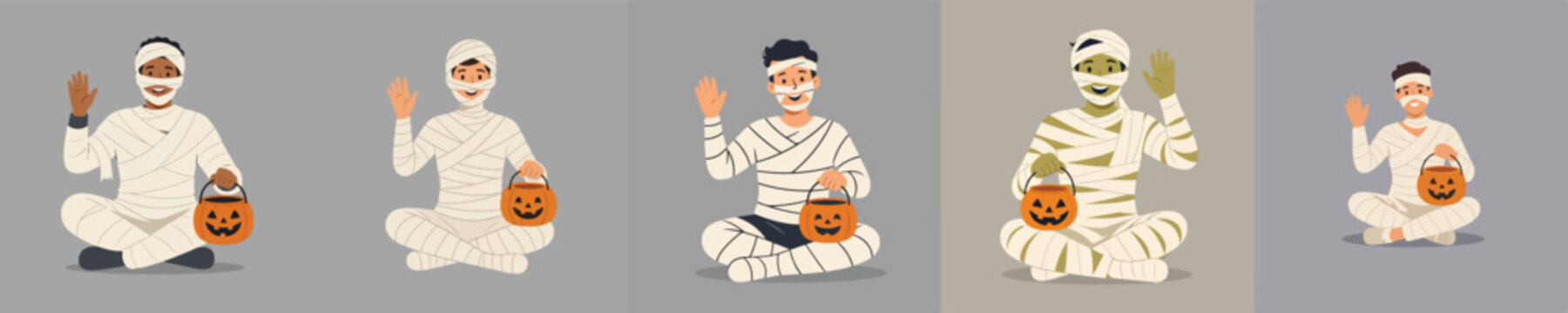 Flat vector illustration of a man in a Halloween mummy costume sitting on the floor and waving hand