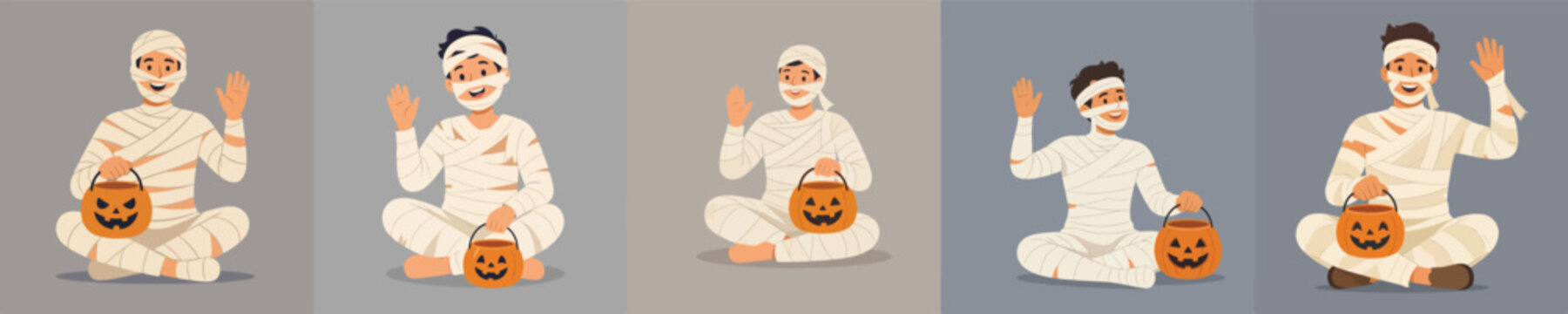 Flat vector illustration of a man in a Halloween mummy costume sitting on the floor and waving hand