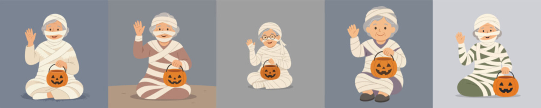 Flat vector illustration of a grandma in a Halloween mummy costume sitting on the floor and waving hand