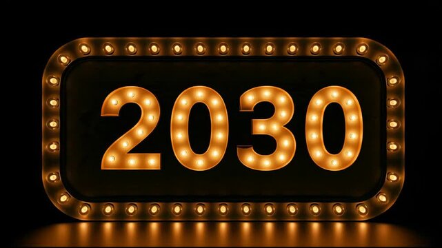 The number 2030 appears repeatedly illuminated in lights on a dark background, showcasing a bright and bold presentation of the year.