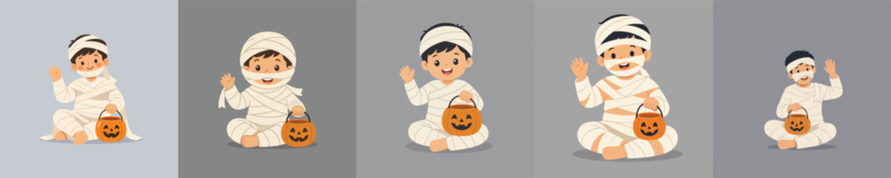 Flat vector illustration of a little boy in a Halloween mummy costume sitting on the floor and waving hand