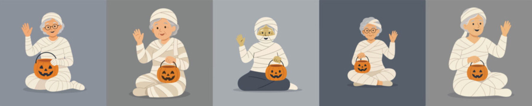 Flat vector illustration of a grandma in a Halloween mummy costume sitting on the floor and waving hand