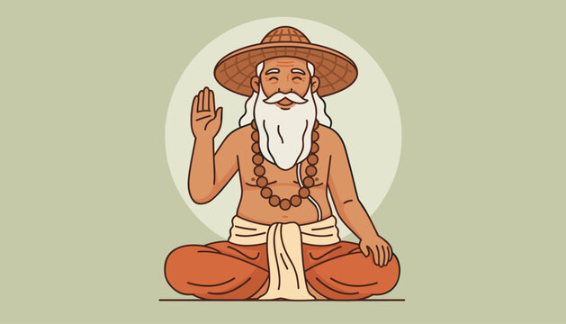 Indian yogi or sadhu with a long white beard meditating in a lotus position wearing a conical hat and beads.
