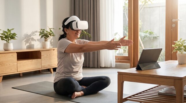 Senior Woman Using VR Headset for Home Fitness Training