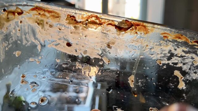Baked On Leftovers in an Empty Glass Casserole Dish
