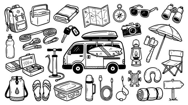 Black and white hand drawn sketch doodle set of camping, traveling, and road trip equipment elements