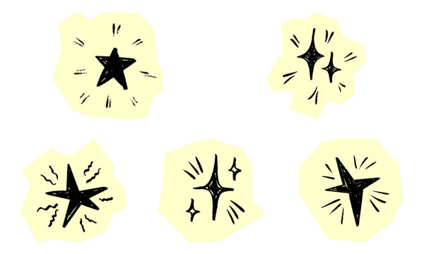 Set of hand drawn black sparkle stars with yellow glow effect elements for decorative design projects and creative graphic art