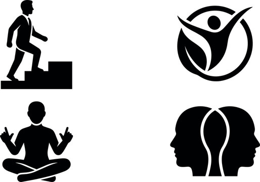 Silhouette icons depict business ascent meditation and human psychology against a white background career climbing