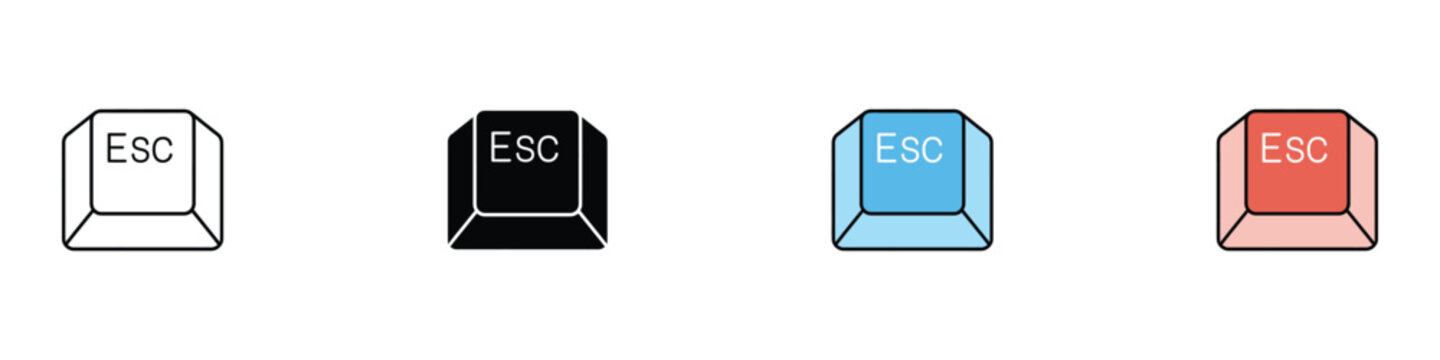 Escape key icon set vector illustration. Computer keyboard Esc keycap symbols in outline, black glyph, blue, and red styles isolated on white background for technology interface design.