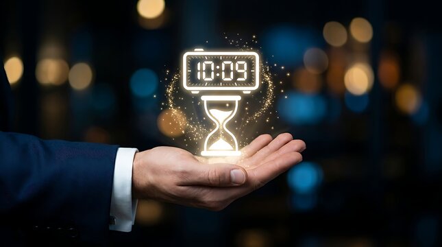 Time management concept, a businessman's hand holding a glowing digital clock and hourglass, symbolizing deadlines and efficiency, a dark background with bokeh lights