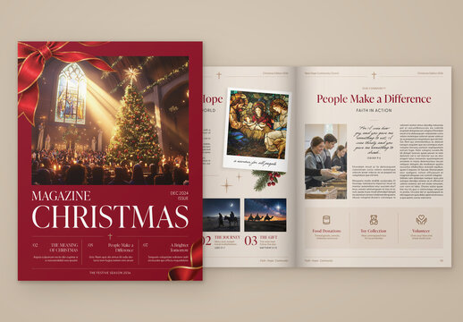 Church Christmas Magazine Template, Parish Newsletter & Christian Bulletin Booklet with Traditional Red and Gold Editorial Layout