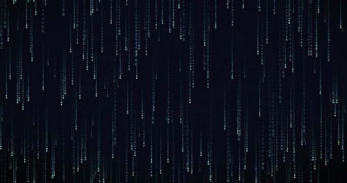 Hexadecimal code symbols cascade down in a slow, violet-hued matrix rain animation.