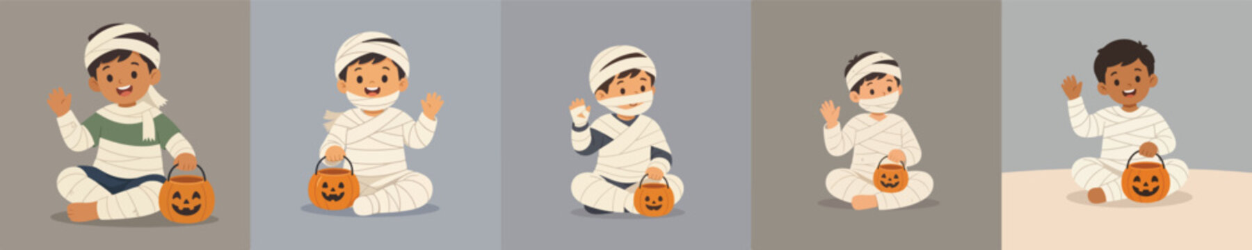 Flat vector illustration of a little boy in a Halloween mummy costume sitting on the floor and waving hand