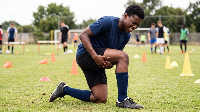 A teenage soccer player clutches his knee in pain during a practice session on a green field