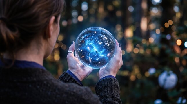 Woman holding glowing crystal ball containing universe nebula, fantasy magic sphere with stars and galaxy, mystical meditation in nature forest background, dreamy atmospheric