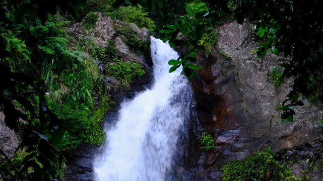 Static close up Tavoro waterfall in Bouma National Heritage Park on Taveuni Island, Fiji, South Pacific