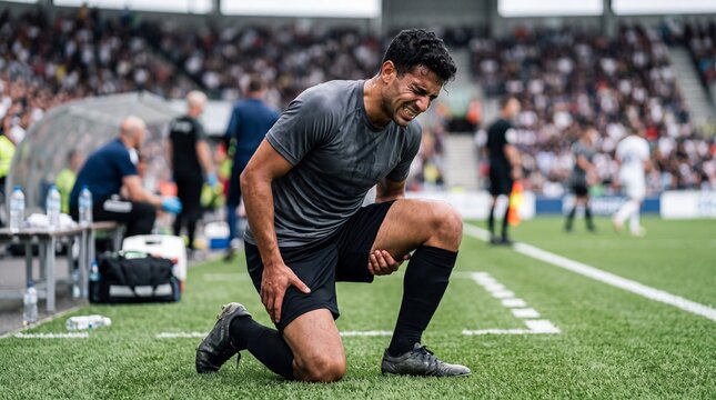 An athlete clutches his hamstring during a soccer match displaying visible pain and distress football
