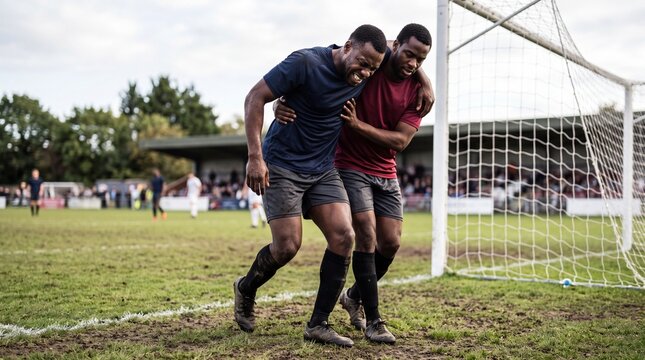 Two male soccer players support an injured teammate leaving the grassy playing field football sports