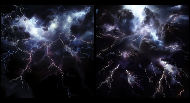 Bright electric lightning bolts and glowing plasma energy sparks flashing in the dark night sky during a powerful summer storm atmosphere