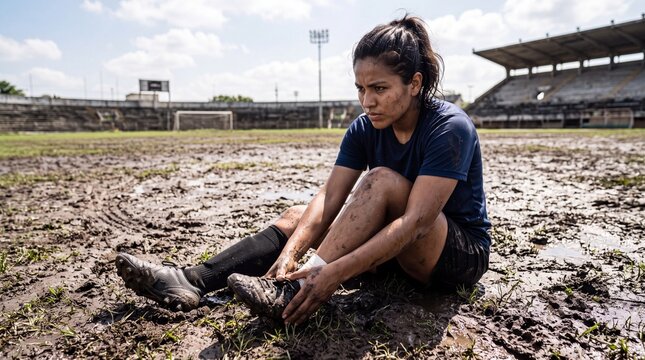 Female soccer player sits stretching her ankle on a muddy field after a game athlete