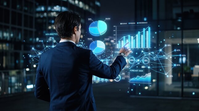 Businessman analyzing futuristic holographic financial charts and graphs on a transparent screen, symbolizing data analytics, market research, strategic planning, business