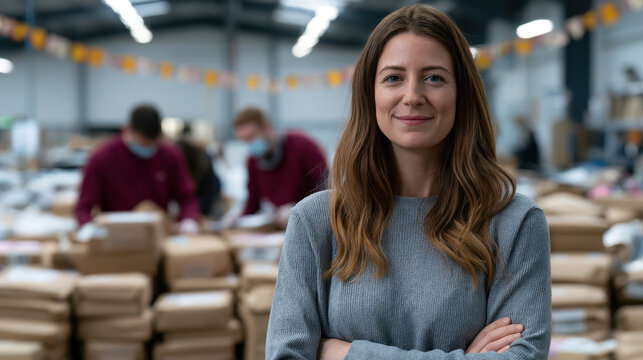 Post christmas ecommerce returns manager standing in a busy warehouse while workers process parcels and customer packages after the holiday season