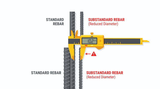 Digital caliper measuring the reduced diameter of substandard rebar compared to standard rebar, highlighting quality control issues in construction materials.