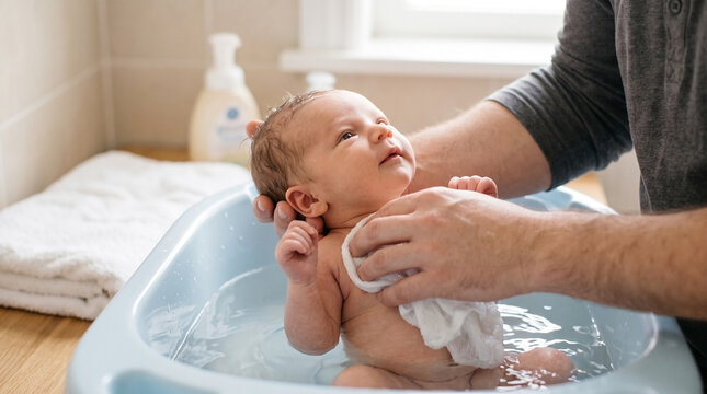 Baby bath time with gentle hand washing newborn in tub, caregiver holds child tenderly while bathing in warm water with towels nearby. Concept baby care during bath time for parents or caregivers.