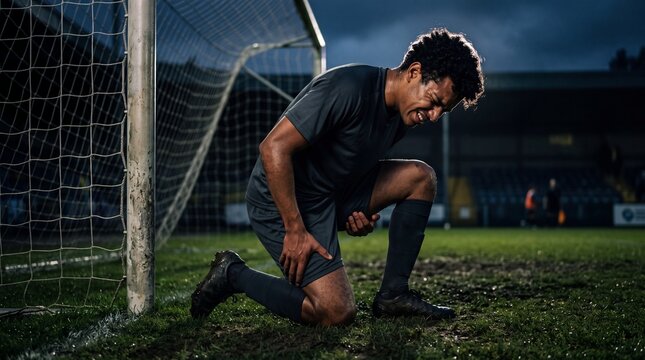 A soccer player kneels on the field clutching his hamstring during a game football athlete