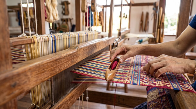 Traditional weaving process with artisan hands using wooden loom and colorful threads. Weaving artwork highlights skillful craftsmanship, intricate designs, and cultural heritage.