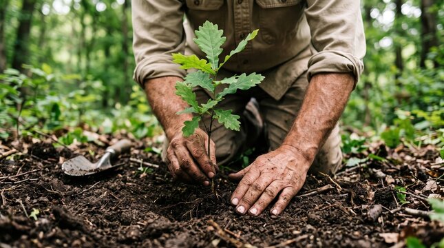 Close-up of male hands carefully planting a young oak sapling in fertile forest soil.