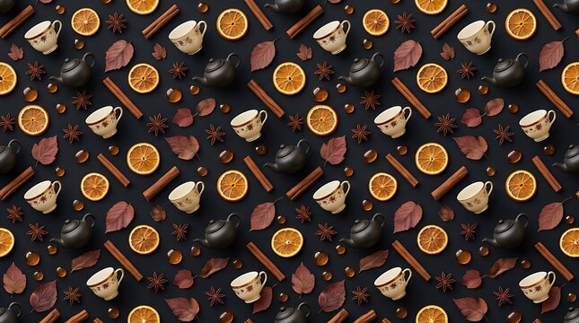 Vintage Tea Time Seamless Pattern with Orange Cinnamon and Teacups for Autumn Background Layout