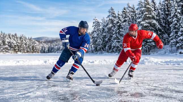 Intense ice hockey game on frozen pond with players in blue and red jerseys racing for puck. Ice hockey sport on snowy landscape highlights competition and skill.
