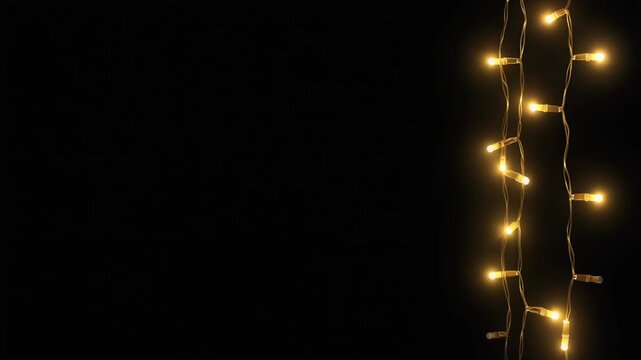 Golden LED fairy lights hanging vertically on right edge of black background, twinkling warm string lights curtain, festive Christmas overlay with copy space
