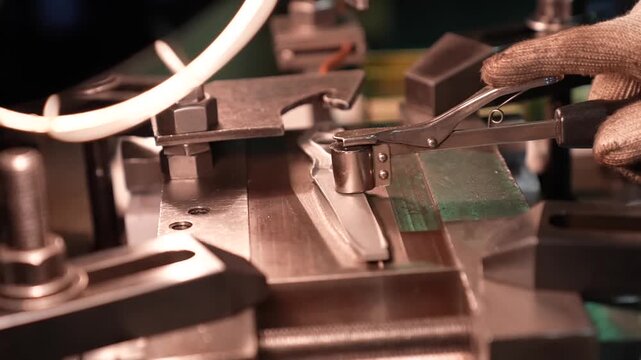 Copper resistance welding electrodes clamp a scissor blade inside a bright industrial fixture