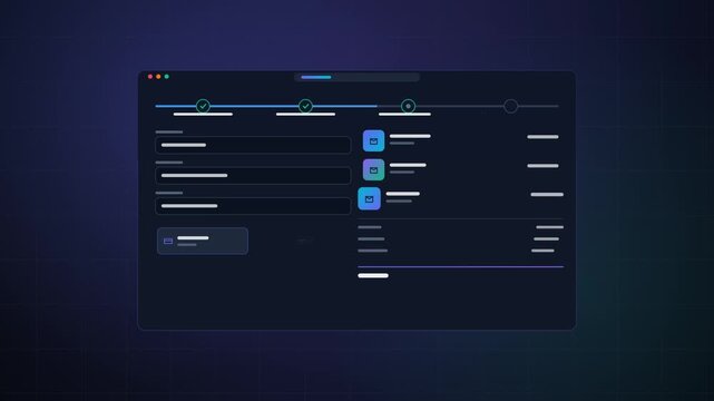 Interactive dashboard interface displays data flow animation with sleek progress bars and dynamic UI elements for modern software video footage