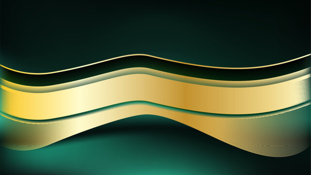 Elegant dark green abstract background featuring wavy golden ribbon layers with fine line textures and copy space. Perfect for luxury branding, VIP invitation cards, and corporate presentation banners