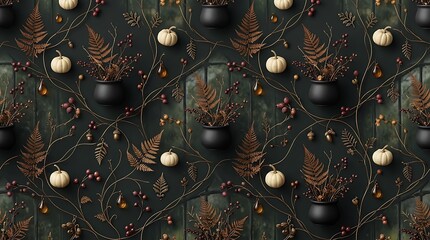 Dark Academia Autumn Pattern with Pumpkins Cauldrons and Fern Leaves for Seamless Fabric Design