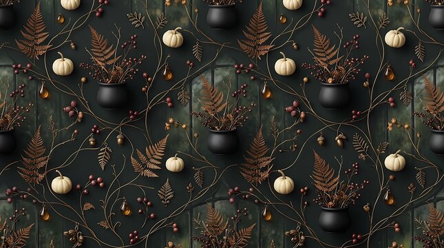 Dark Academia Autumn Pattern with Pumpkins Cauldrons and Fern Leaves for Seamless Fabric Design