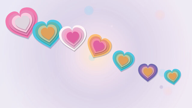 Abstract layered hearts in vibrant pastel gradients for festive romantic greeting card designs.