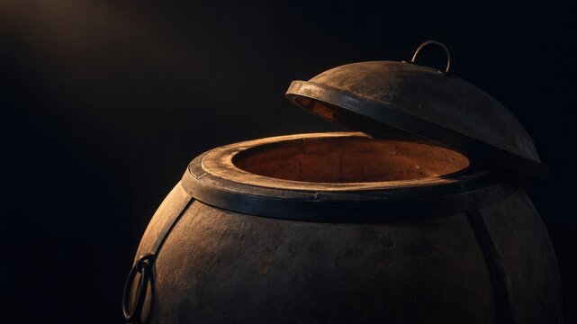 Traditional clay tandoor oven with raised lid and open mouth. Top-loading design for baking flatbread and roasting food. Heritage cooking, artisan cuisine and rustic outdoor food preparation