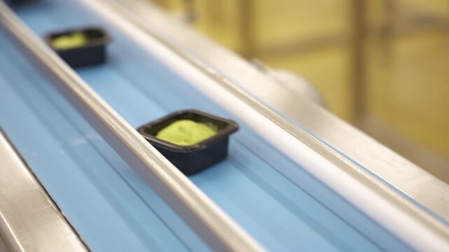 Small black tubs of green guacamole travel along a blue conveyor belt at an avocado high-pressure processing plant.