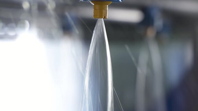 High-pressure water streams pour from industrial spray nozzles inside an avo HPP processing plant wash station.