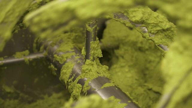 Thick avocado puree coats the blades of an industrial mixer during high-pressure processing at an avo processing plant.