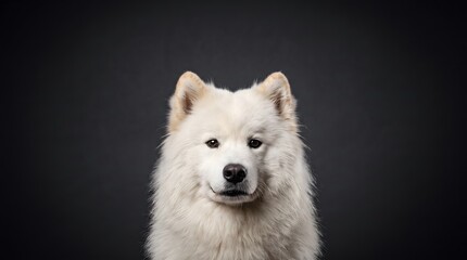 Fototapeta premium Portrait of a beautiful fluffy white Samoyed dog isolated on dark background.