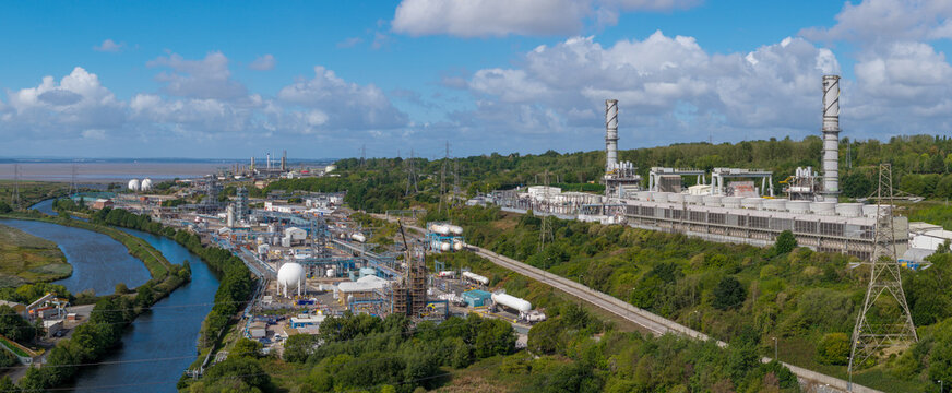 Rocksavage gas-fired power station and chemical manufacturing facilities near Runcorn, Cheshire, UK, with industrial buildings, pipelines and energy infrastructure in a major industrial area.
