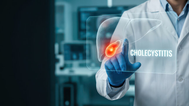 Medical doctor presenting gallbladder inflammation concept through digital interface for cancer awareness and diagnostic education in clinical setting