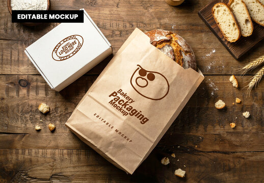 Bakery Packaging Mockup with Paper Bread Bag and White Takeaway Box