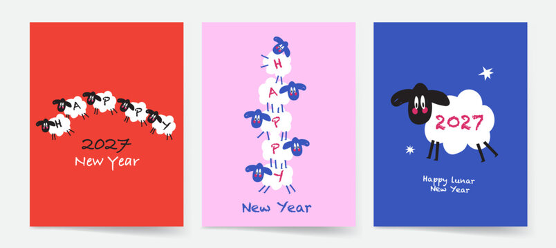Playful Lunar New Year greeting card collection featuring cute sheep illustrations, 2027 lettering and colorful New Year messages in a modern graphic style.
